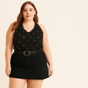 Electric Behaviour black floral halter top, detailed with lace trim